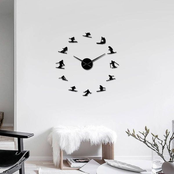 

wall clocks mountain skier winter 3d diy clock quiet sweep skiing vintage style ski art long hand watch gift for sport lover