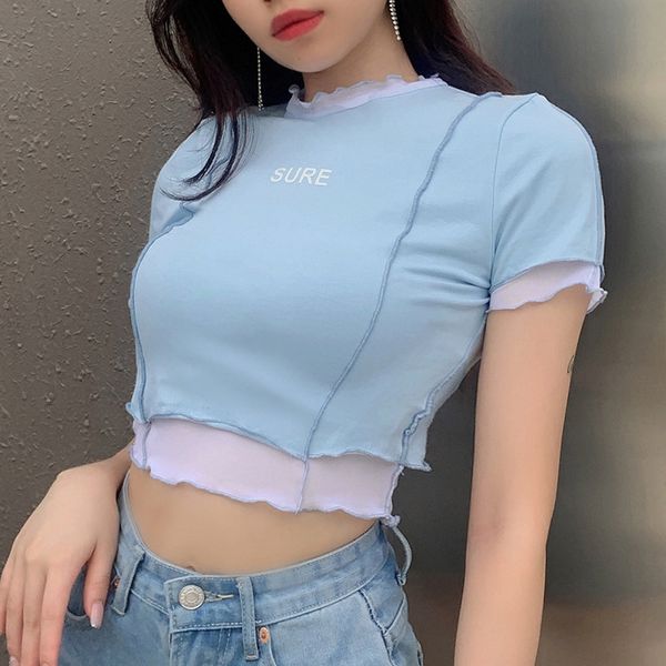 

blue fake two short sleeve crop women harajuku vintage splicing casual streetwear aesthetic elegant bodycon t shirt, White