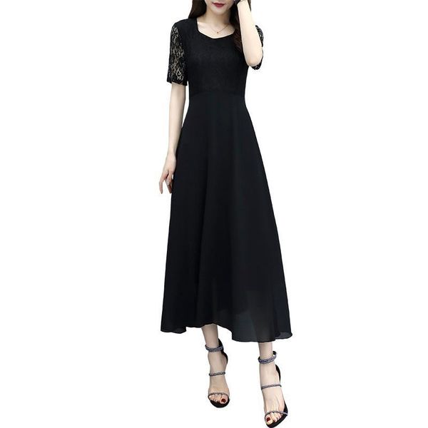 

5xl plus size summer solid lace seams dress long 2021 new stylish women's dresses plied fancy d101 9q2w, Black;gray