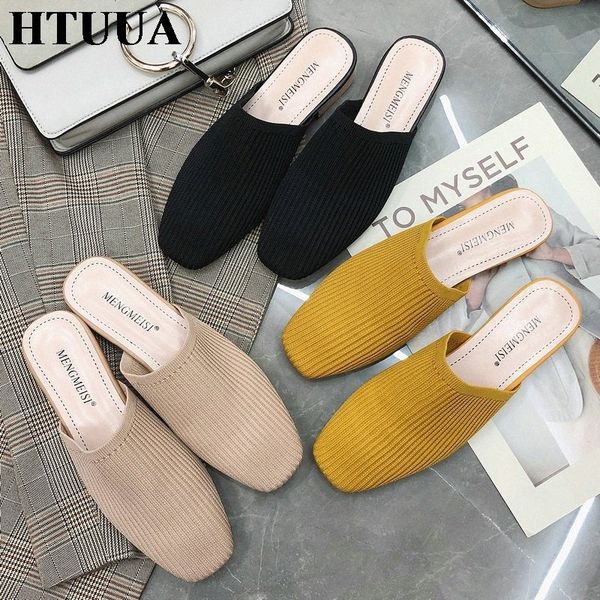 

htuua 2019 new brand elastic knittin mules shoes women slippers spring summer low heel slides casual slip on flip flops sx2696 22f5#, Black