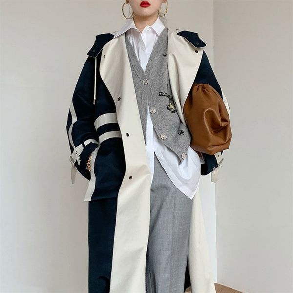 

[ewq] autumn long sleeve women windbreaker 1 overcoats korea chic patchwork design ladies trench coat 210812, Tan;black