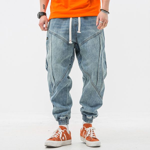 

2021 new japanese vintage fashion loose fit retro blue denim cargo pants spliced designer streetwear hip hop jeans men joggers oo93