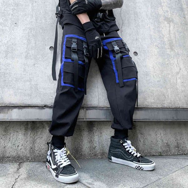 

men's pants ribbons multi pockets cargo harajuku casual track trouser hip hop streetwear harem joggers sweatpants 9cgc, Black