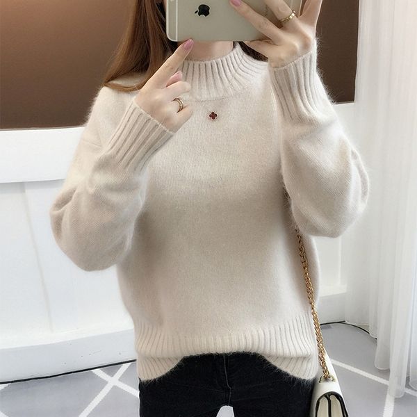 

2021 new women's autumn winter thick sweaters solid long sleeve ladies jumper casual half turtleneck knitted for female pullover pqwn, White;black