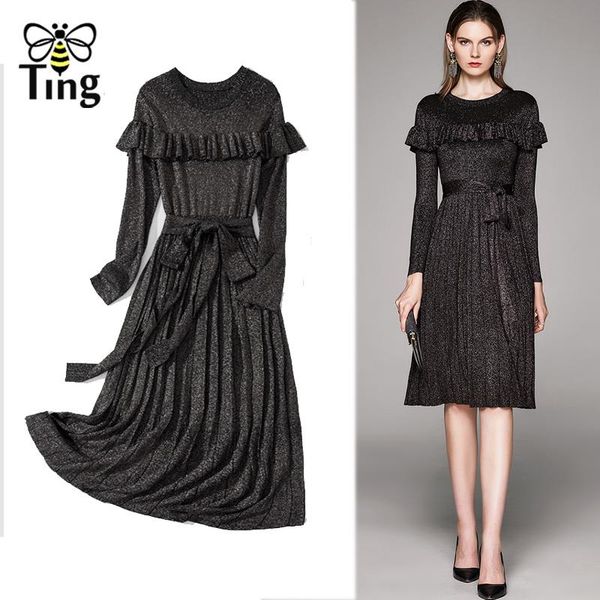 

casual dresses tingfly elegant vintage knitting kee length dress lady office work ruffles glitter knitted spring fashion, Black;gray