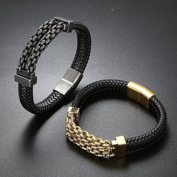 

charm bracelets haoyi fashion geometric chain braided leather bracelet men's punk rope rock wristband stainless steel jewelry, Golden;silver