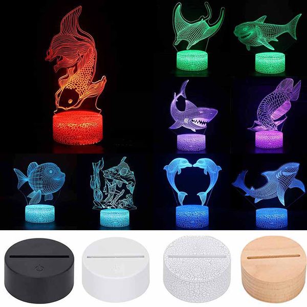 Ilusão 3D LED Lâmpada Dolphin Baleia Oceano Série 40 Padrões Base Luz Base Colorido Night Luzes De Mesa Decoração Presente da Criança