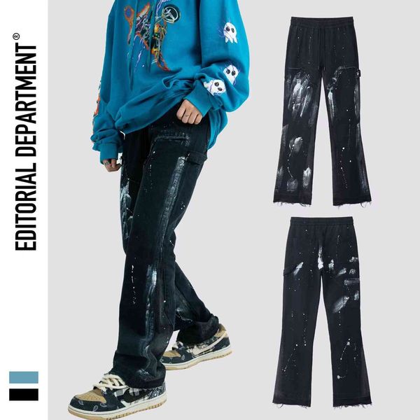 

beemn vibe high street micro horn splash paint jeans men's straight tube loose stacking sense american pants fashion, Blue