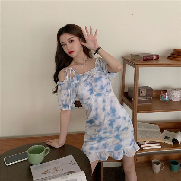 

french vintage sweet skirt summer 2021 summer harajuku dress for women kawaii printing mini skirt casual off the shoulder dress, Black;gray