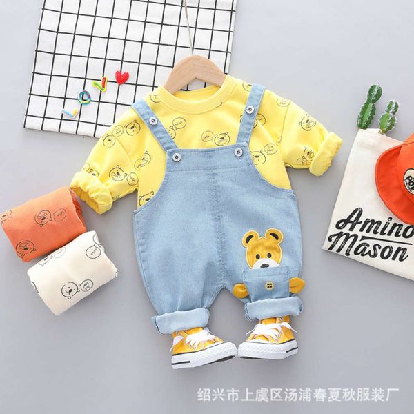 

boy's baby two piece spring denim strap set cartoon long sleeve children's clothing, White