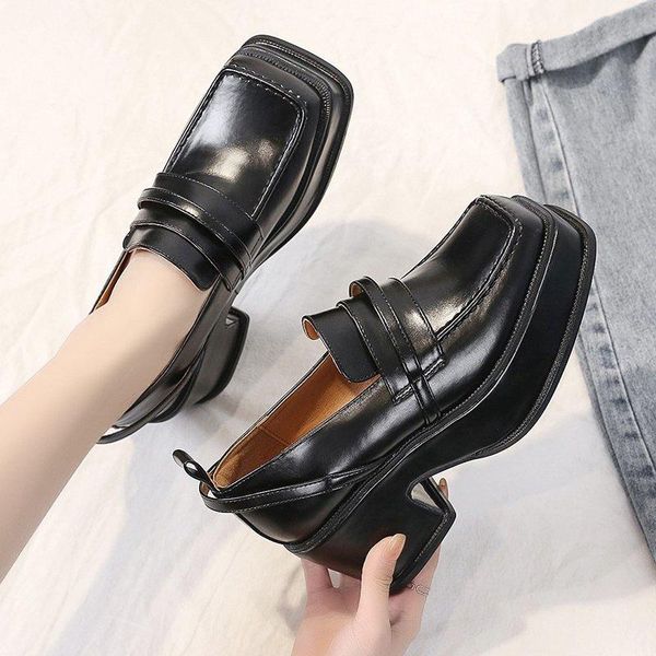 

fashion summer new ladies retro square toe all-match waterproof platform high-heeled small leather shoes british style, Black