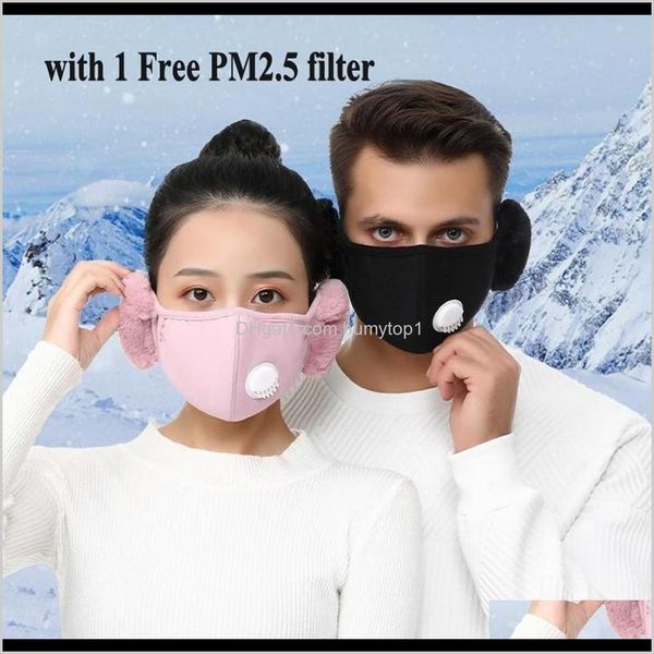 

2 in 1 face mask cover with plush ear protective mask pm2.5 thick warm mouth masks winter mouth-muffle earflap 6 styles filter lvxcu hkamj, Black