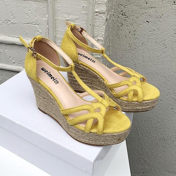 

sandals one word buckle thick-soled hollow women's shoes summer weaving wedge super high heel fish mouth, Black