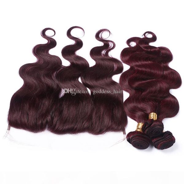 

body wave wine red ear to ear lace frontal with hair bundles 4pcs lot 99j burgundy human hair weaves with lace frontal, Black