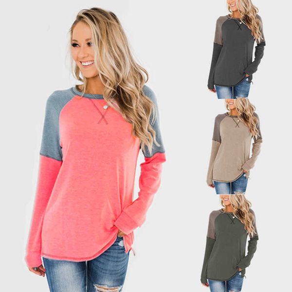 

long sleeve women's splicing round neck casual t-shirt loose top, White