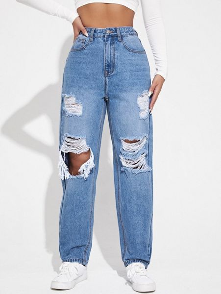 

high waist ripped cut out jeans 49yg#, Blue