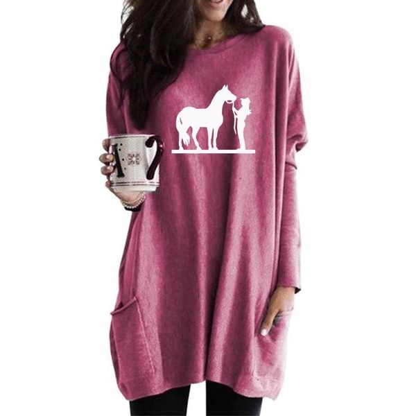 

women's hoodies & sweatshirts cartoon cowgirl and horse print pocket long for female femmes animal lover gift plus size women casual, Black
