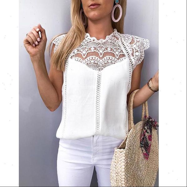 

summer 2019 womens and blouses lace patchwork sleeveless solid shirt women blouse blusas roupa feminina sj2036m, White