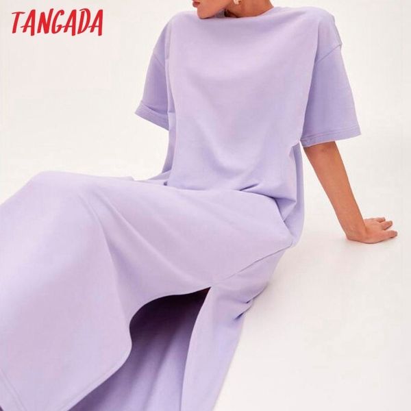 Tangada 2021 Mulheres Elegante 95% Algodão Moletom Camisola Vestido de Manga Curta Side Aberto Ladies Midi Vestido 6L60 210316