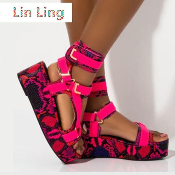 

rimocy fashion colorful print platform sandals women summer ankle strap gladiator sandalias woman plus size 43 wedges shoes, Black