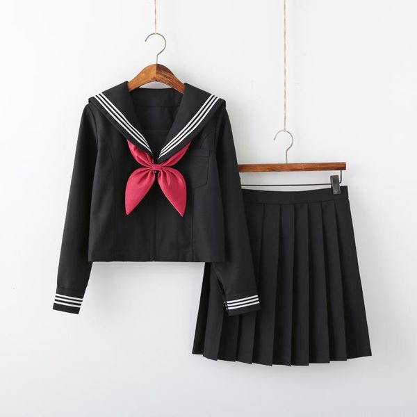 Kleidungssets Uniform Matrosenanzug Basic Japanischer College-Stil Klasse Schwarz Dreiteiliger weiblicher Schulmädchen