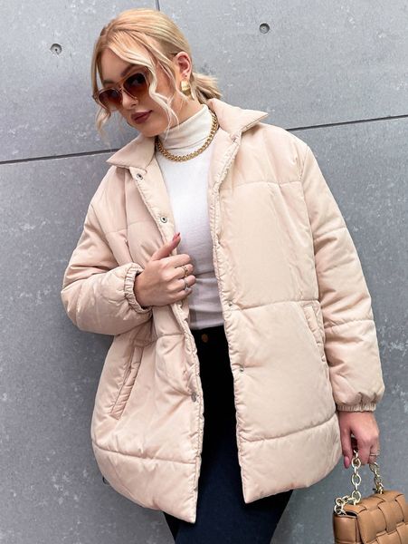 

plus snap button pocket puffer coat t0d6#, Black