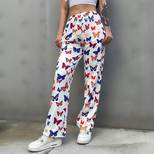 

2021 new casual women's trousers butterfly print high-waisted pants thin-waisted leg adjustment wide enlargement mujer pantalones p2gx, Black;white