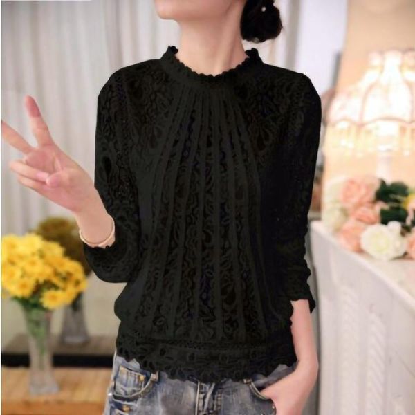 

40# women hollow out long sleeve shirts turtleneck drawstring ruched sweater blouses brief breathable chiffon shirts, White