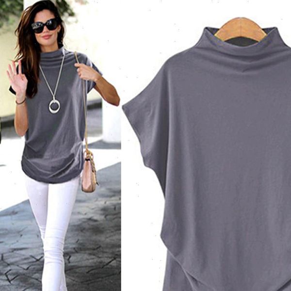 

women t shirt summer loose t shirt tees turtleneck short sleeve cotton casual g, White
