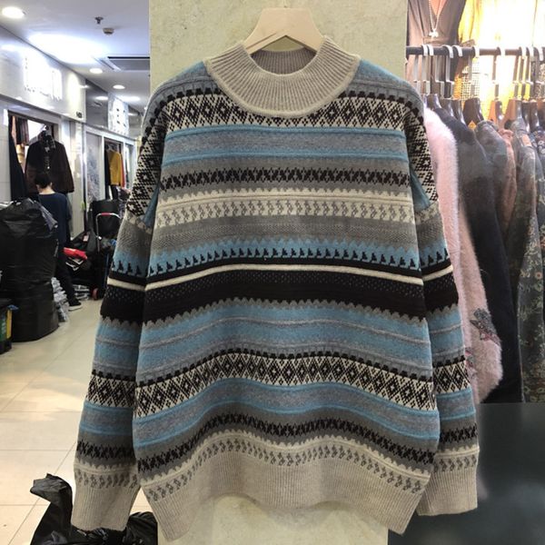 

2021 autumn winter women sweater european style striped jacquard pull femme hiver new loose knitted pullover sweaters jumper h191, White;black