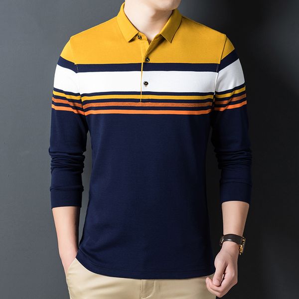 

2021 autumn new stripe splicing men's business long sleeve classic style cotton casual polo shirt male brand clothesro2t9t3d, White;black