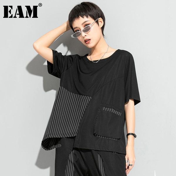 

women's t-shirt [eam] women black striped irregular big size round neck short sleeve fashion tide spring summer 2021 1dd8610, White