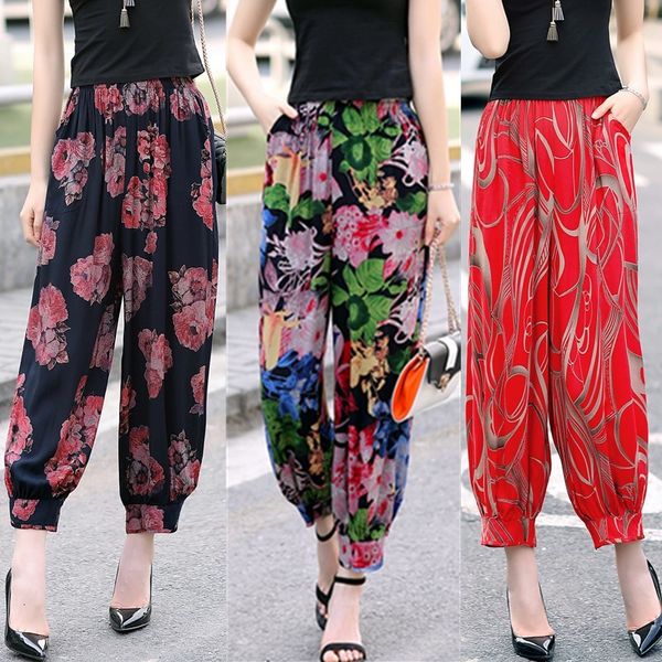 

silk cotton wild middle-aged spring fall pants large size from women of the summer elastic rskz, Black;white