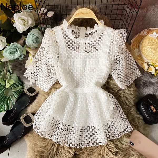 

neploe lace shirt women short sleeve o-neck blouse summer hollow-out slim waist short ruffle blusas feminimos 4b017 210315, White