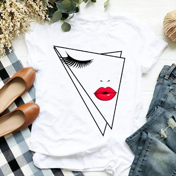 

face make up print womens short sleeve o neck loose ladies summer causal tee clothes, White