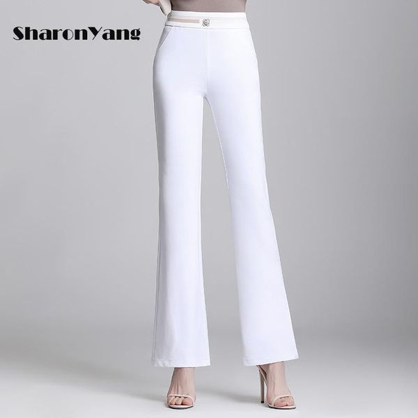 

women's pants & capris -6xl spring autumn woman elasticity bell bottom plus size high waist elegant long white ladies flared trousers, Black;white
