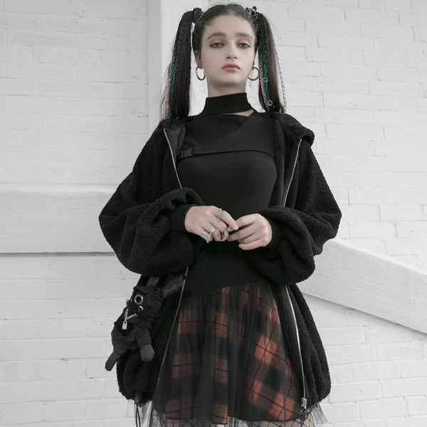 

skirts punkrave women's punk style plaid stitched warm high waist fluffy skirt daily wear mesh thick cool mini, Black