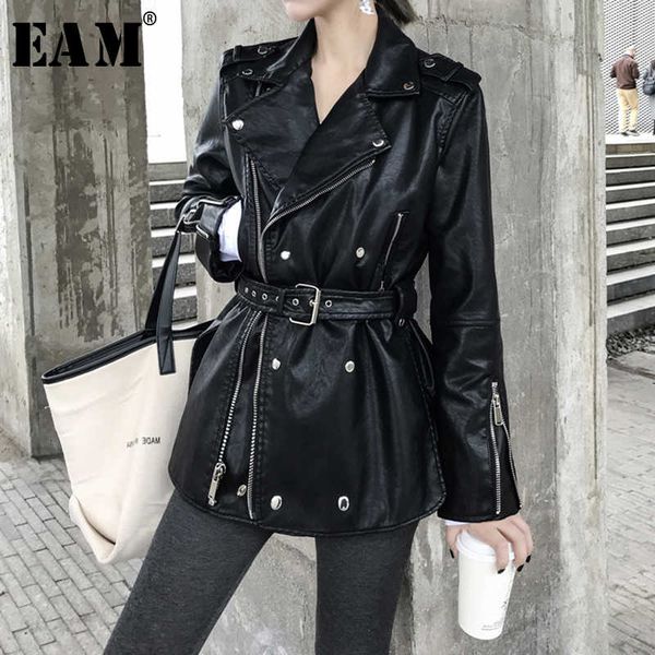 

eam] loose fit black pu leather bandage split zipperjacket new lapel long sleeve women coat fashion tide spring 1s708 201013, Black;brown