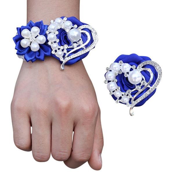 

decorative flowers & wreaths diamond pearl bride wrist flower luxury groom suit lapel pin groomsman corsage elastic bracelet wedding set t06