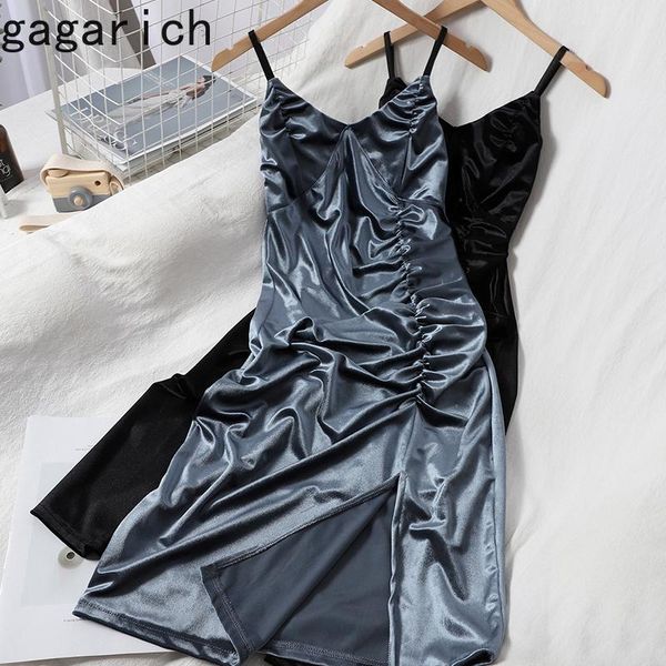 

casual dresses gagarich women dress all-match shiny velvet bottoming spaghetti strap elegant split pleated party autumn vestidos, Black;gray