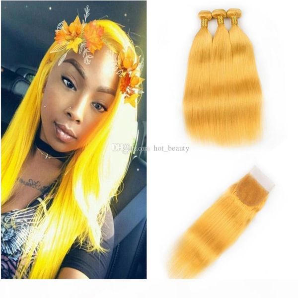 

new color yellow hair bundles with lace closure virgin brazilian human hair 3 bundles with closure yellow straight bundles and 4x4 closure, Black