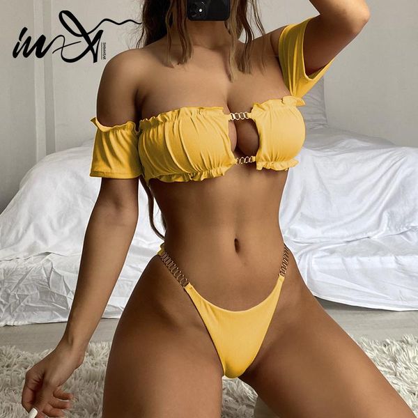 

women's swimwear in-x ribbed bikini 2021 ruffle women chain swimsuit swimming suit short sleeves bathing biquini solid, White;black