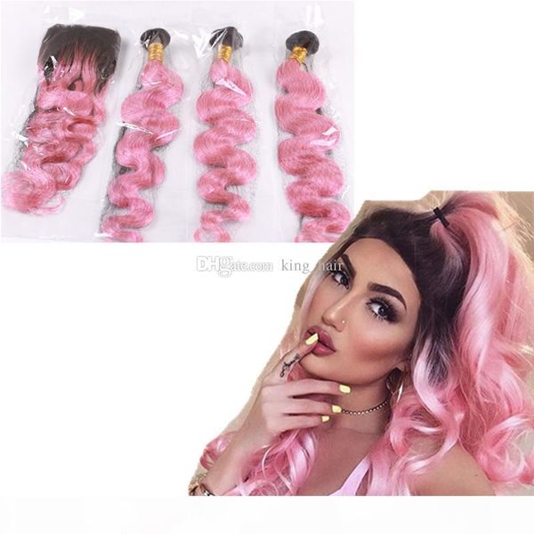 

8a malaysian human virgin hair body wave 3 bundles with ear to ear 13x4 lace frontal closure ombre #1b pink bleached knots, Black