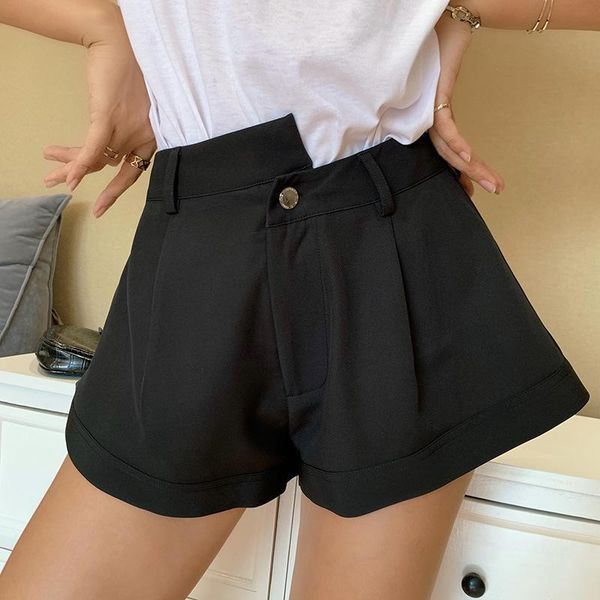

2021 summer womens asymmetric waist design loose shorts black high waist button casual zipper wide leg shorts fashion streetwear, White;black