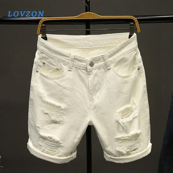

lovzon men white denim shorts new summer men holes short jeans cotton stretches casual denim shorts, Blue