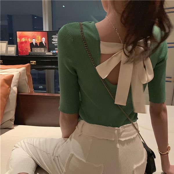 

new arrival 2021 korea lady backless bow femme elegant black knitwearautumn women pullover white half sleeve casual, White;black