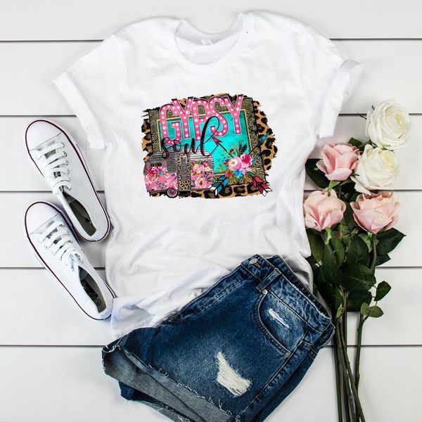 

vintage capming car world compass camera flower printed women t-shirt ladies camisas mujer female summer fashion, White