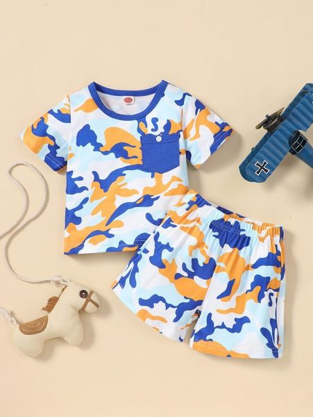 

baby camo print pocket patched tee & shorts she02, White