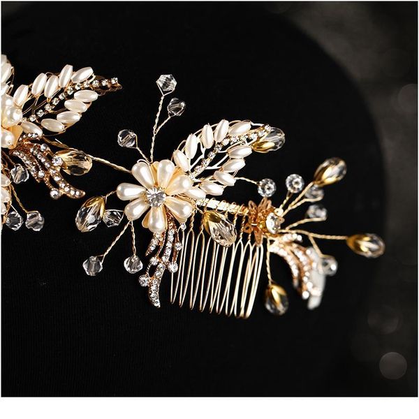 

fashion wedding hair accessories tiara ladies golden rhinestone pearl flower hair comb handmade bride prom headwear qylopn