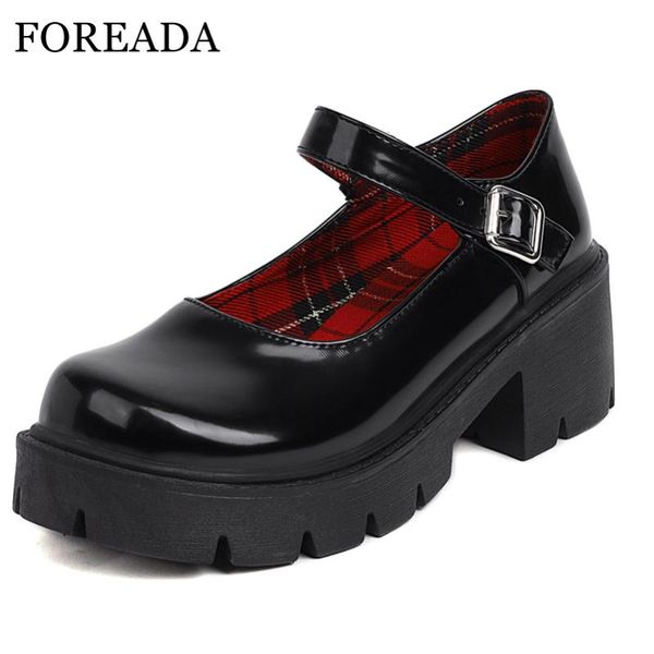 

dress shoes foreada woman mary janes patent leather high block heels lolita style pumps platform square toe jk uniform 34-43, Black